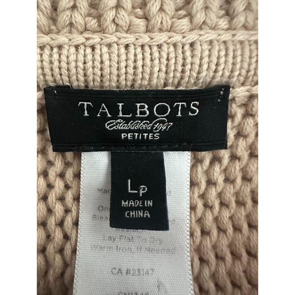 Talbots Sweater Tan Chunky Cable Knit Cardigan Short Sleeve Fisherman Size LP - Picture 6 of 8